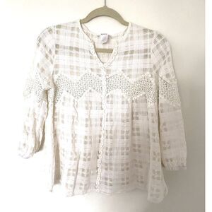 Esley Cream Cotton Lace Sheer 3/4 Sleeve Feminine Summer Pullover Top Blouse L